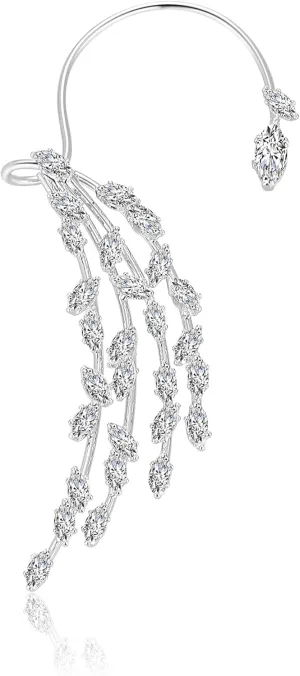 Ear Cuff Climber Earrings - Cubic Zirconia Wrap Earrings - Fairy Ear Clip Silver Hypoallergenic Jewelry Gift for Women (Silver Feather)