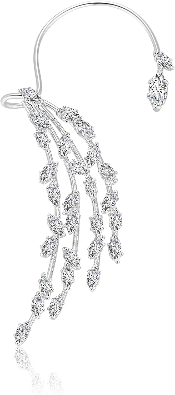 Ear Cuff Climber Earrings - Cubic Zirconia Wrap Earrings - Fairy Ear Clip Silver Hypoallergenic Jewelry Gift for Women (Silver Feather)