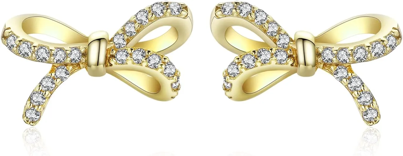 Earrings for Women, 925 Sterling Silver Bow With Cubic Zirconia 14K White Gold Plated Stud Earrings,Hypoallergenic Simple Gold Plated Jewelry Gift for Women,For Family, Loved Ones, Friends