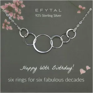 EFYTAL 60th Birthday Gifts for Women, Sterling Silver 6 Circle Necklace, Cool 60th Birthday Gifts or Decorations, Meaningful 60 Year Old Ideas for Woman, Ladies, Female, Sister, Wife, or Mom