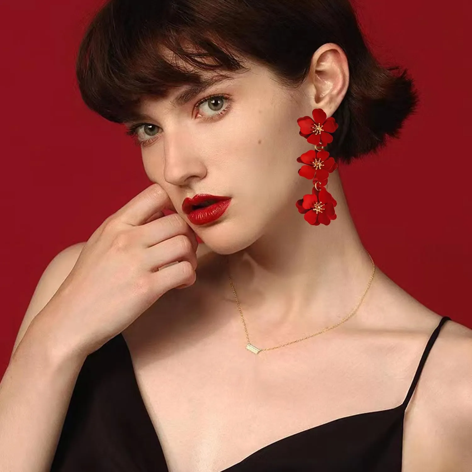 Elegant Bohemian Matte Tiered Triple Flower Dangle Drop Earrings Chic Charm Cute Long Floral Stud Earrings for Women Statement Jewelry Gifts