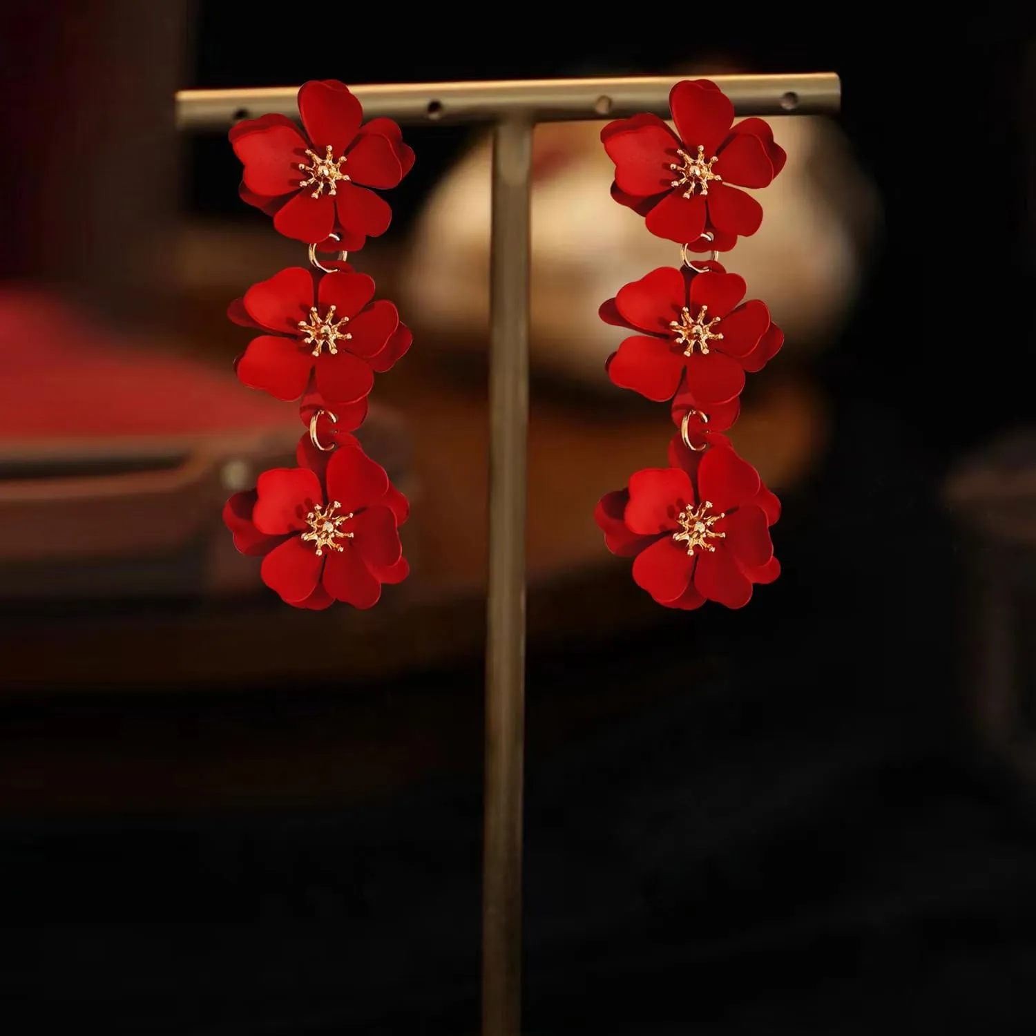 Elegant Bohemian Matte Tiered Triple Flower Dangle Drop Earrings Chic Charm Cute Long Floral Stud Earrings for Women Statement Jewelry Gifts
