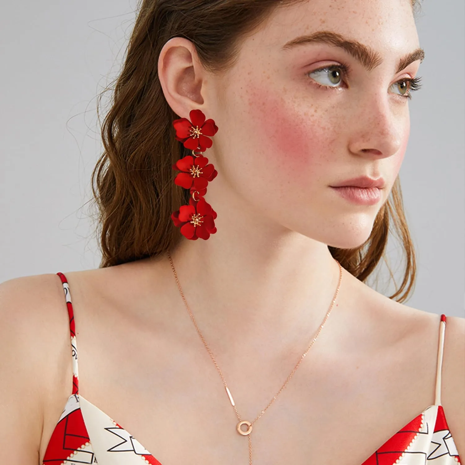 Elegant Bohemian Matte Tiered Triple Flower Dangle Drop Earrings Chic Charm Cute Long Floral Stud Earrings for Women Statement Jewelry Gifts