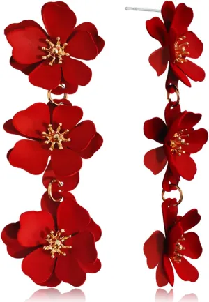 Elegant Bohemian Matte Tiered Triple Flower Dangle Drop Earrings Chic Charm Cute Long Floral Stud Earrings for Women Statement Jewelry Gifts