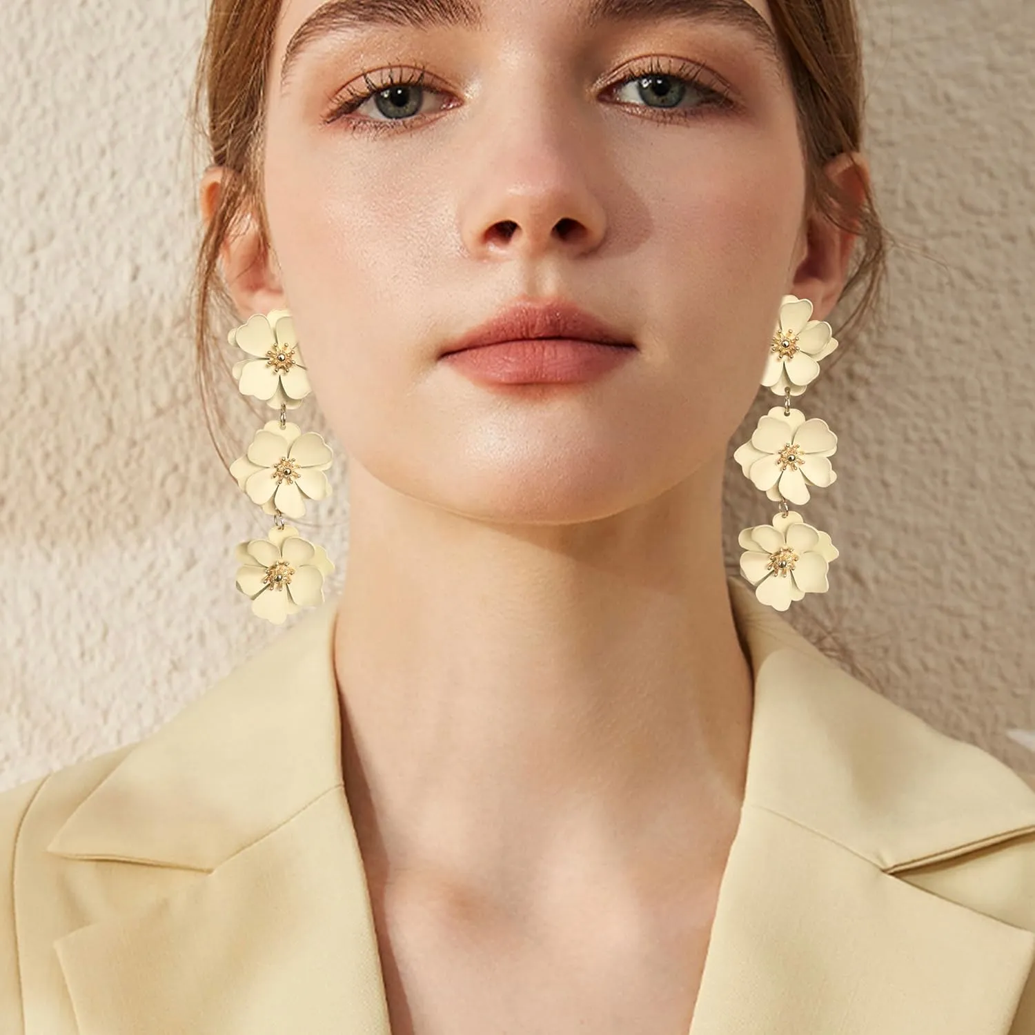 Elegant Bohemian Matte Tiered Triple Flower Dangle Drop Earrings Chic Charm Cute Long Floral Stud Earrings for Women Statement Jewelry Gifts