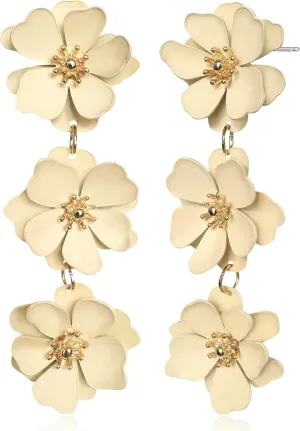 Elegant Bohemian Matte Tiered Triple Flower Dangle Drop Earrings Chic Charm Cute Long Floral Stud Earrings for Women Statement Jewelry Gifts