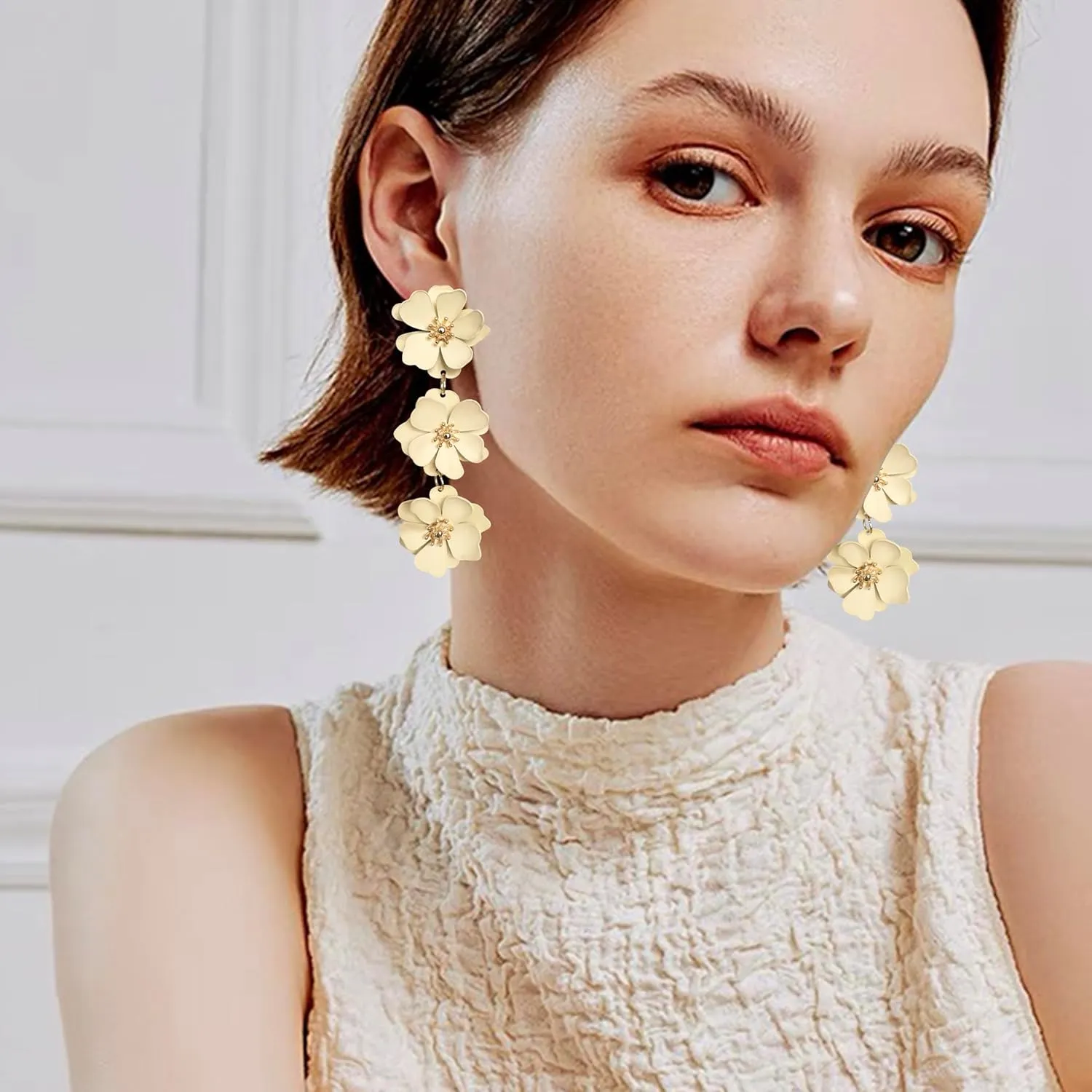 Elegant Bohemian Matte Tiered Triple Flower Dangle Drop Earrings Chic Charm Cute Long Floral Stud Earrings for Women Statement Jewelry Gifts