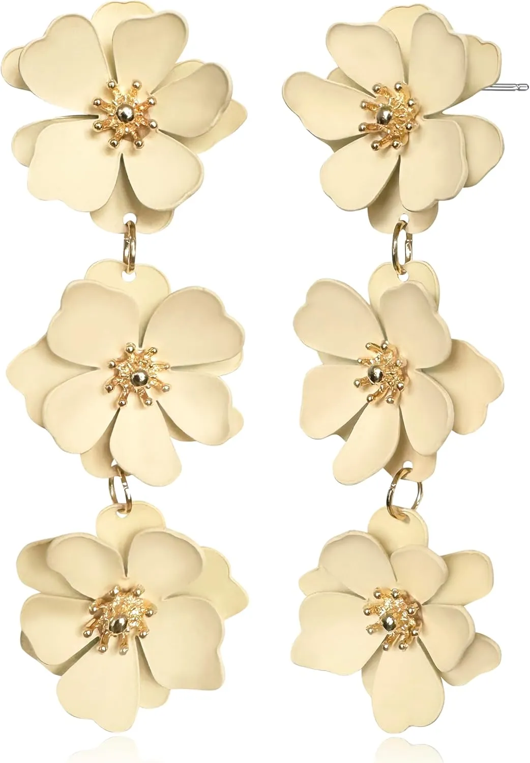 Elegant Bohemian Matte Tiered Triple Flower Dangle Drop Earrings Chic Charm Cute Long Floral Stud Earrings for Women Statement Jewelry Gifts