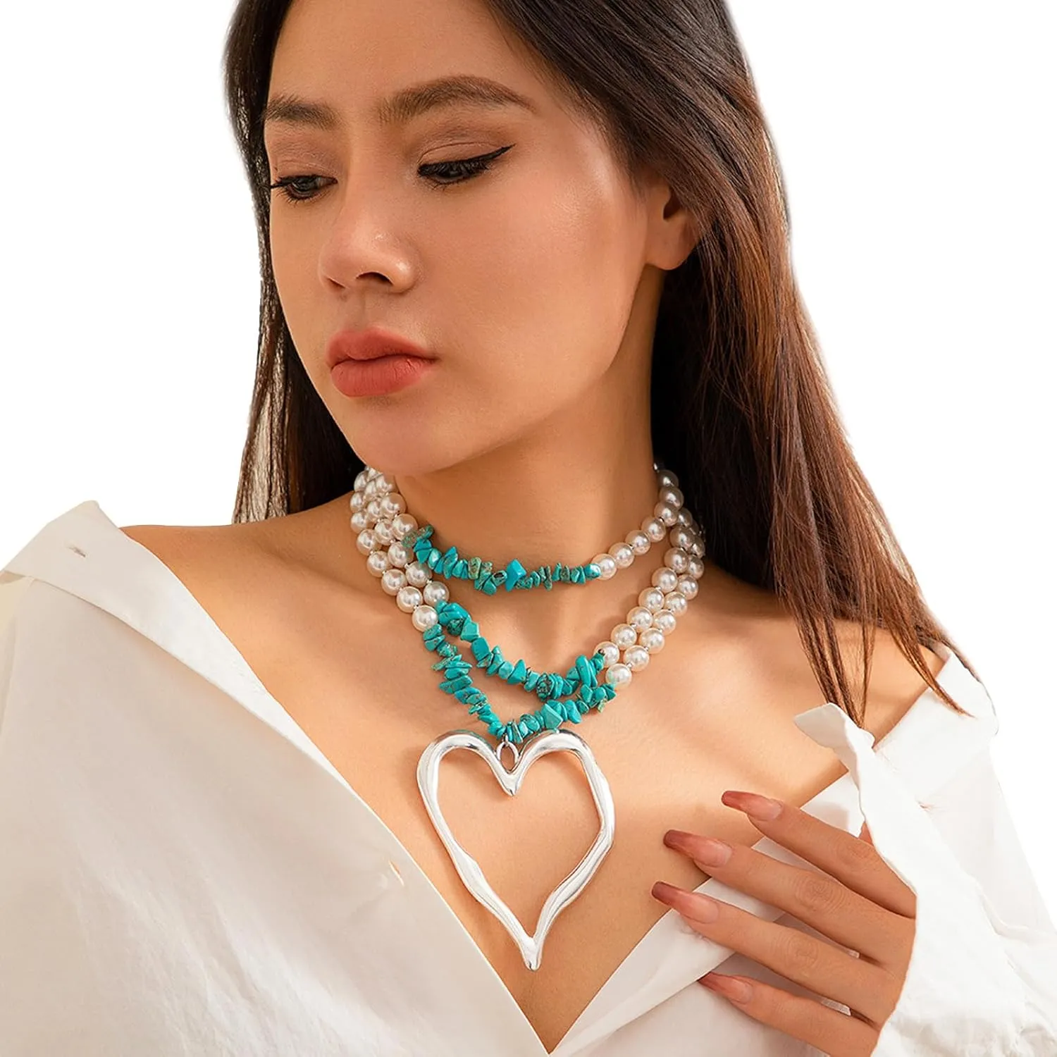 Elegant Pearl Collar Necklace Sexy Summer Beads Clavicle Chain Necklace Metal Big Heart Pendant Neck Chain Multi-layered Pearl Body Chain Necklace Jewelry for Women