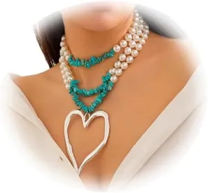 Elegant Pearl Collar Necklace Sexy Summer Beads Clavicle Chain Necklace Metal Big Heart Pendant Neck Chain Multi-layered Pearl Body Chain Necklace Jewelry for Women