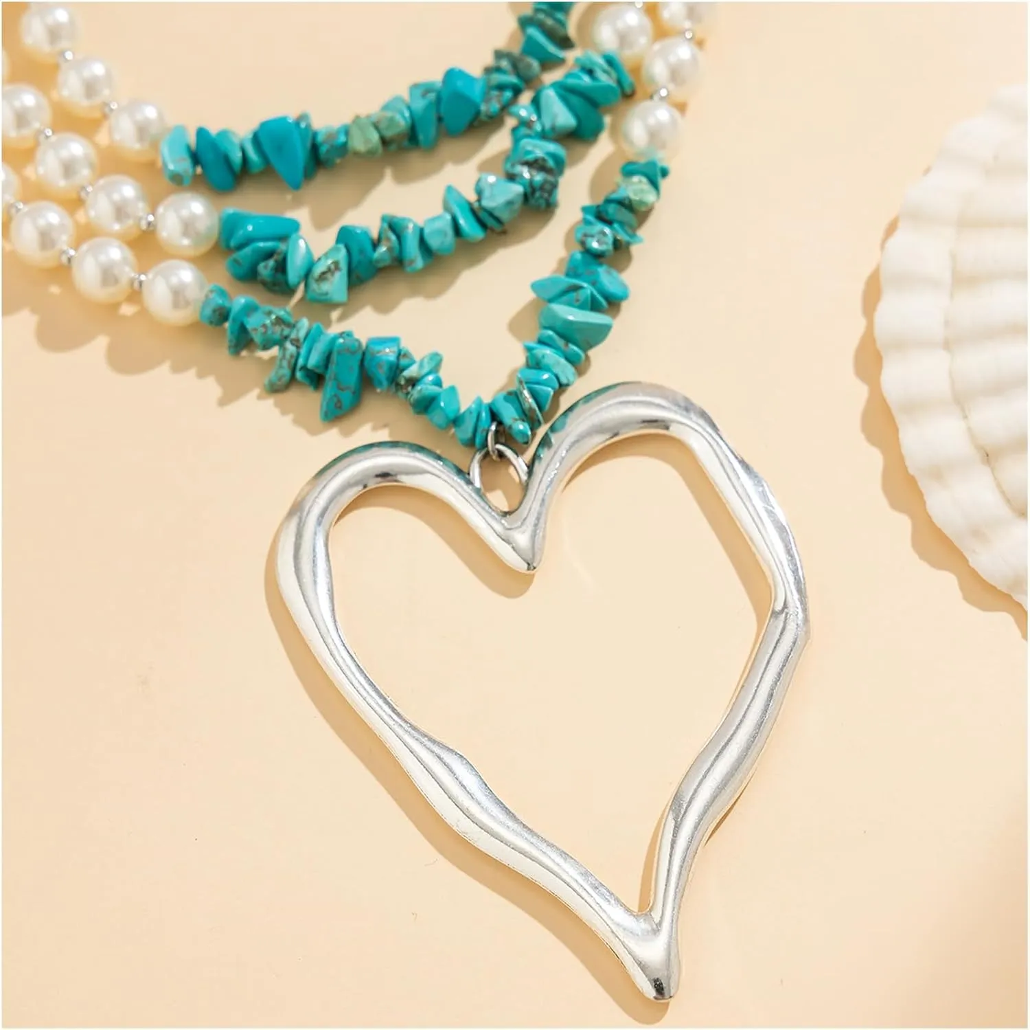Elegant Pearl Collar Necklace Sexy Summer Beads Clavicle Chain Necklace Metal Big Heart Pendant Neck Chain Multi-layered Pearl Body Chain Necklace Jewelry for Women