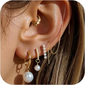 Elegant Pearl Earrings for Women Stackable Hoop Earring Set with Multiple Piercing Jewelry Gold-Tone Dainty Earring Stacks for Everyday