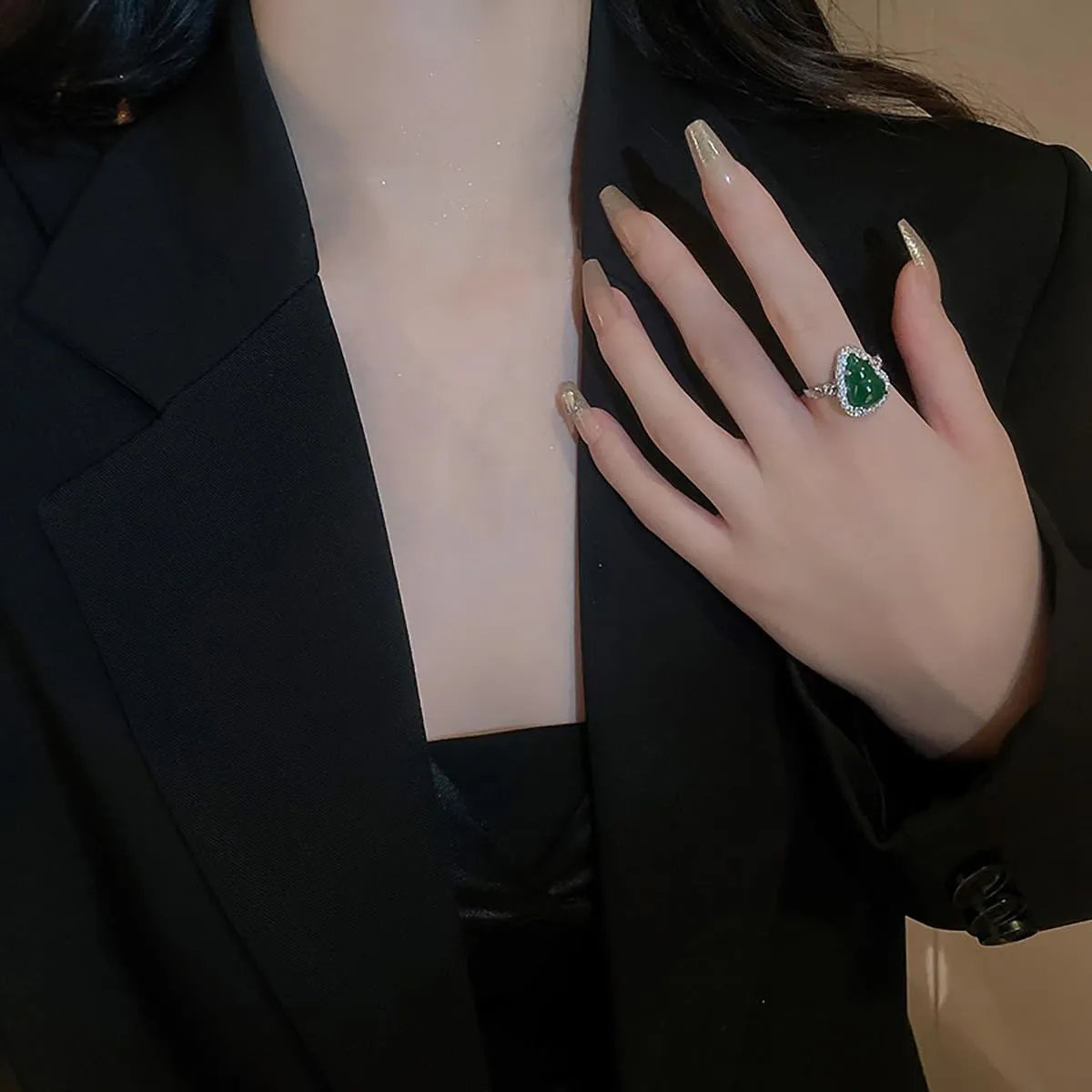 Emerald Green Ring Necklace Jewelry for Women Girls Silver Plated Crystal Gourd Shape Open Wrap Statement Rings Inspirational Grace Believe Faith Pendant Necklaces Adjustable Chain Elegant Birthday Holiday Dress Accessories Gifts