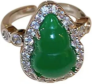 Emerald Green Ring Necklace Jewelry for Women Girls Silver Plated Crystal Gourd Shape Open Wrap Statement Rings Inspirational Grace Believe Faith Pendant Necklaces Adjustable Chain Elegant Birthday Holiday Dress Accessories Gifts