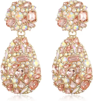 EVER FAITH Glamour Rhinestone Statement Earrings, Fashion Chic Art Deco Sparkly Marquise Water Drop Crystal Dangle Pierced Earrings for Women