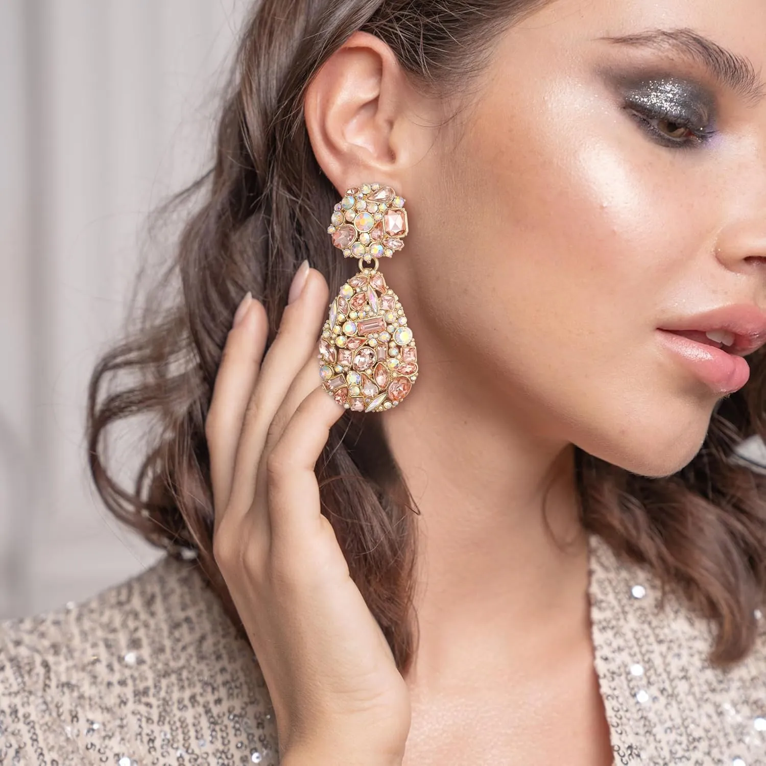 EVER FAITH Glamour Rhinestone Statement Earrings, Fashion Chic Art Deco Sparkly Marquise Water Drop Crystal Dangle Pierced Earrings for Women