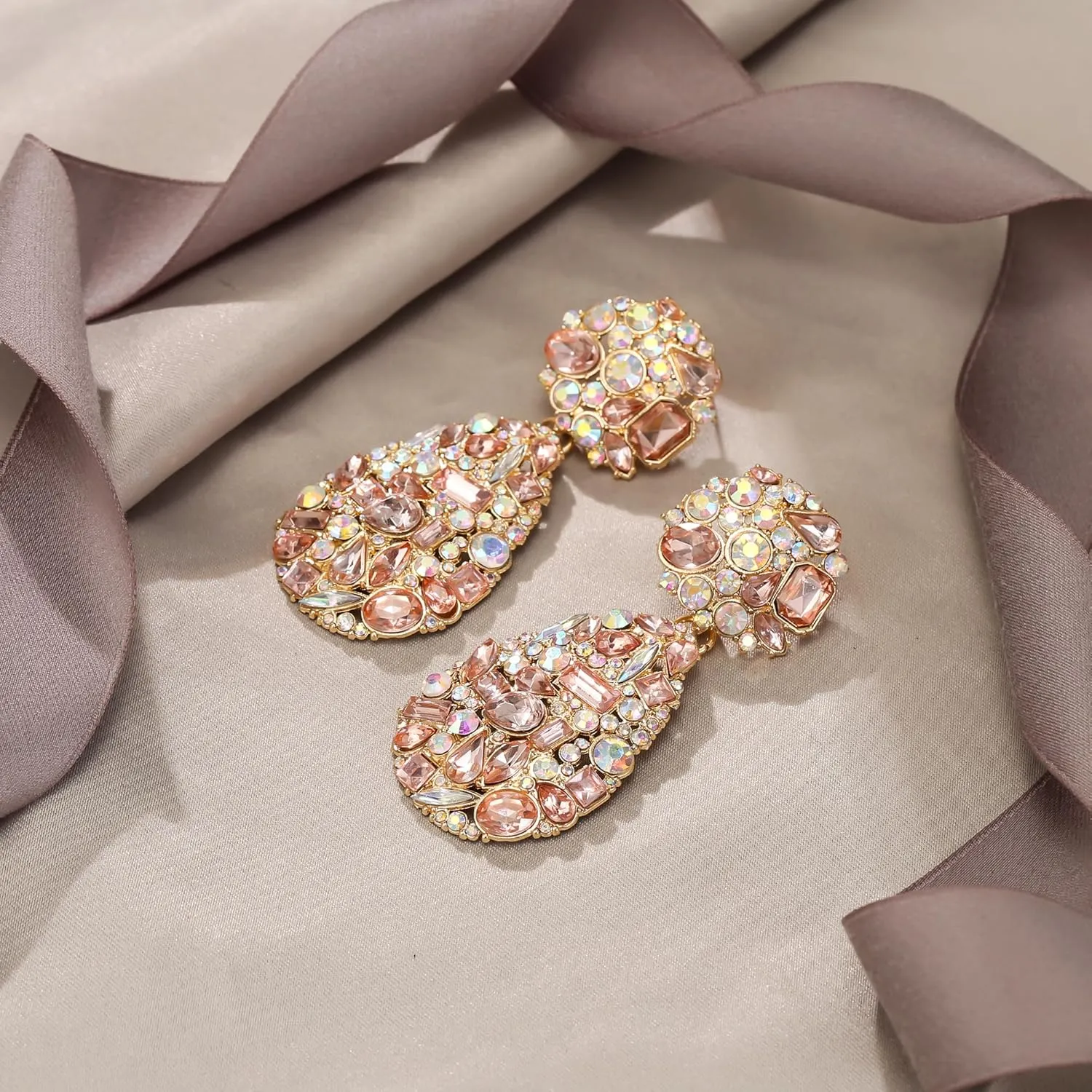EVER FAITH Glamour Rhinestone Statement Earrings, Fashion Chic Art Deco Sparkly Marquise Water Drop Crystal Dangle Pierced Earrings for Women