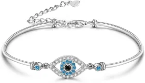 Evil Eye Bracelet Sterling Silver Blue Evil Eye Bangles Bracelets for Women Good Luck Protection Third Eye Amulet