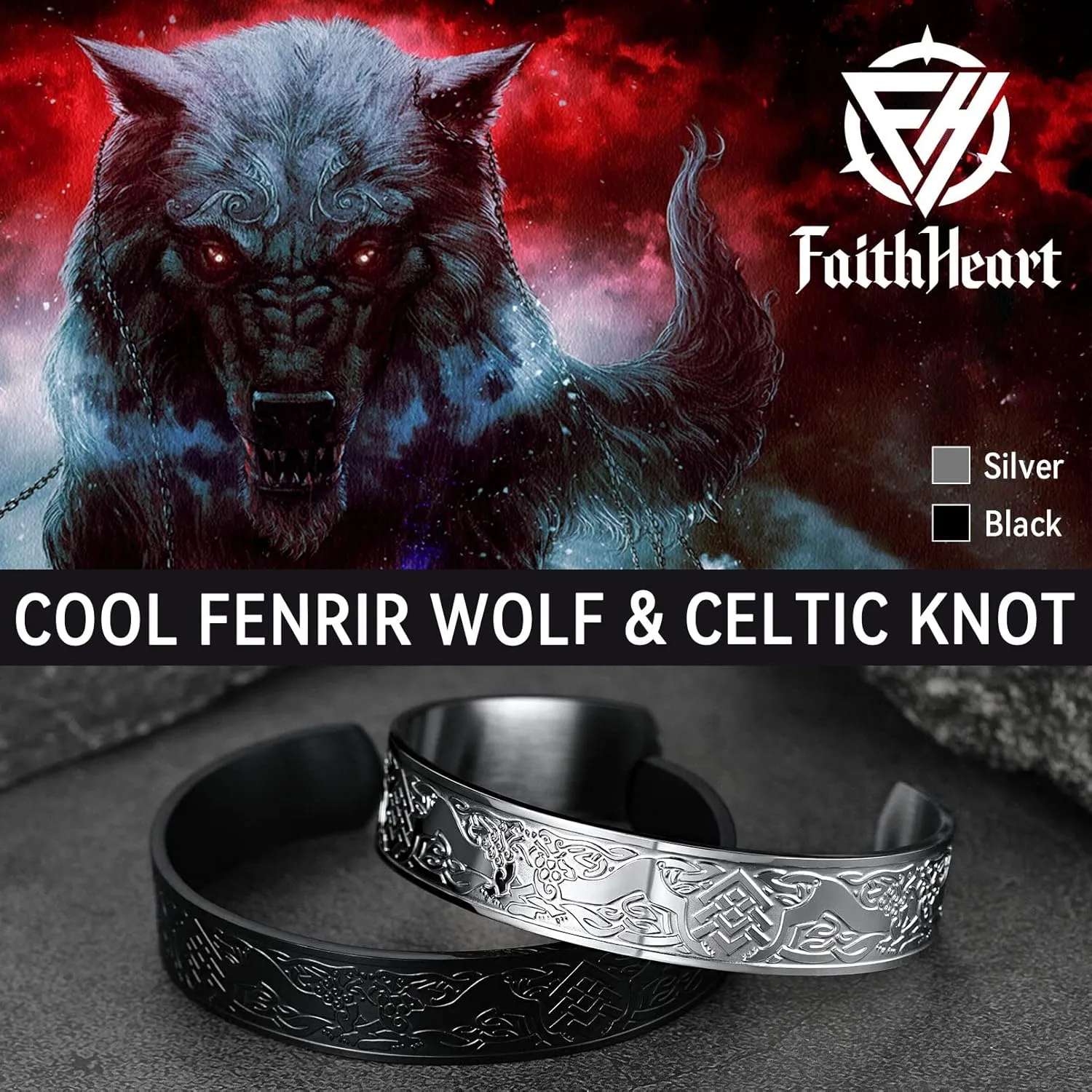 FaithHeart Viking Cuff Bracelet for Men Women, Stainless Steel Rune/Thor's Hammer/Wolf/Celtic Knot Bangles Personalized Customizable