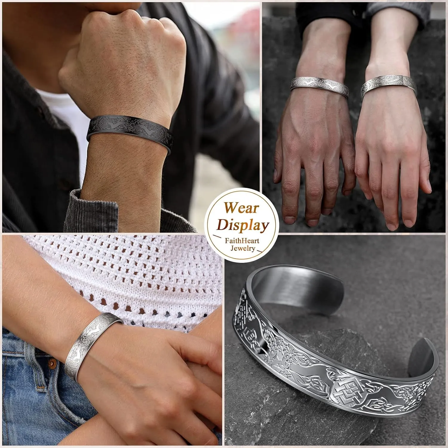 FaithHeart Viking Cuff Bracelet for Men Women, Stainless Steel Rune/Thor's Hammer/Wolf/Celtic Knot Bangles Personalized Customizable