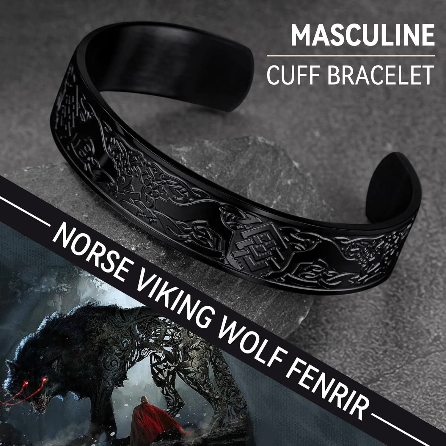 FaithHeart Viking Cuff Bracelet for Men Women, Stainless Steel Rune/Thor's Hammer/Wolf/Celtic Knot Bangles Personalized Customizable