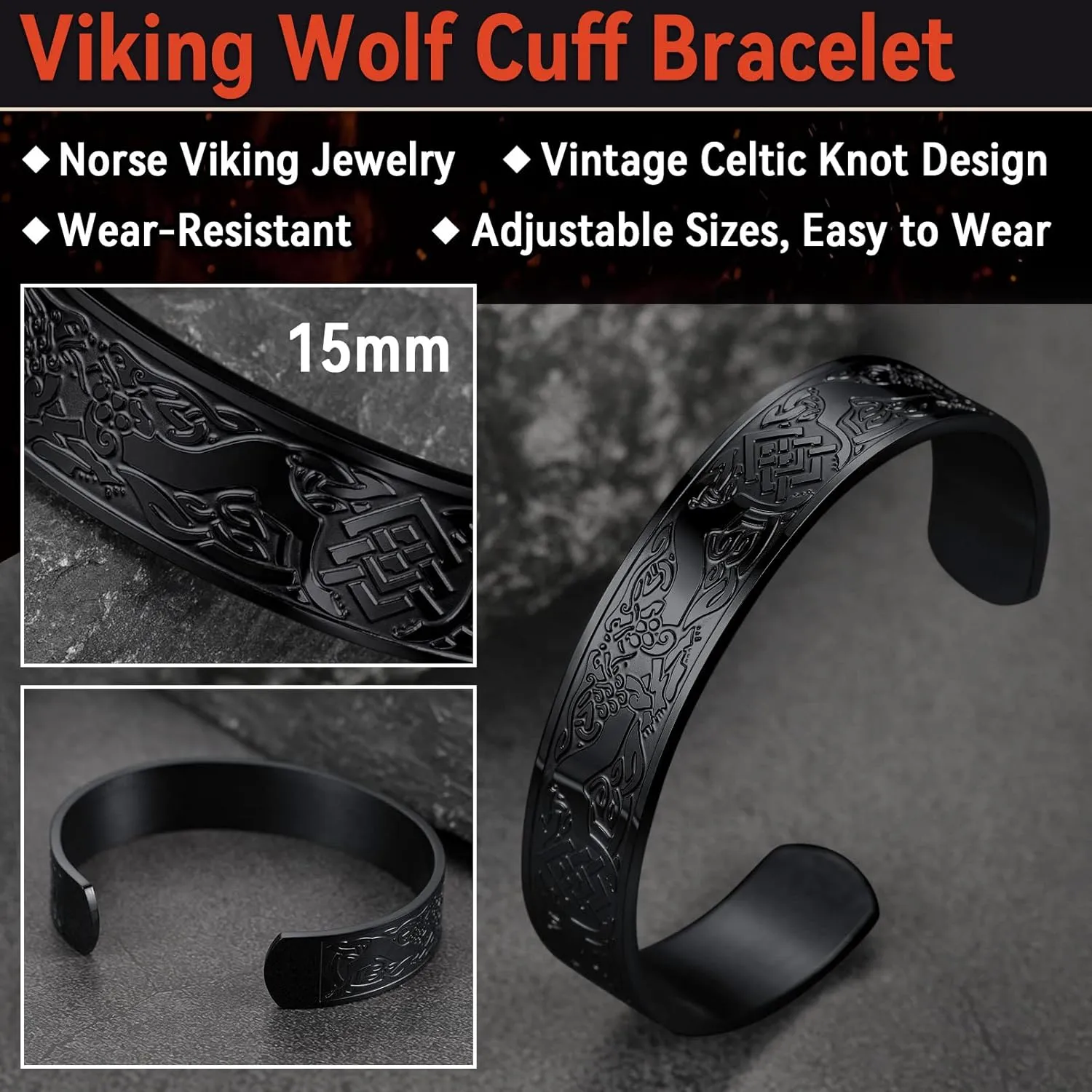 FaithHeart Viking Cuff Bracelet for Men Women, Stainless Steel Rune/Thor's Hammer/Wolf/Celtic Knot Bangles Personalized Customizable