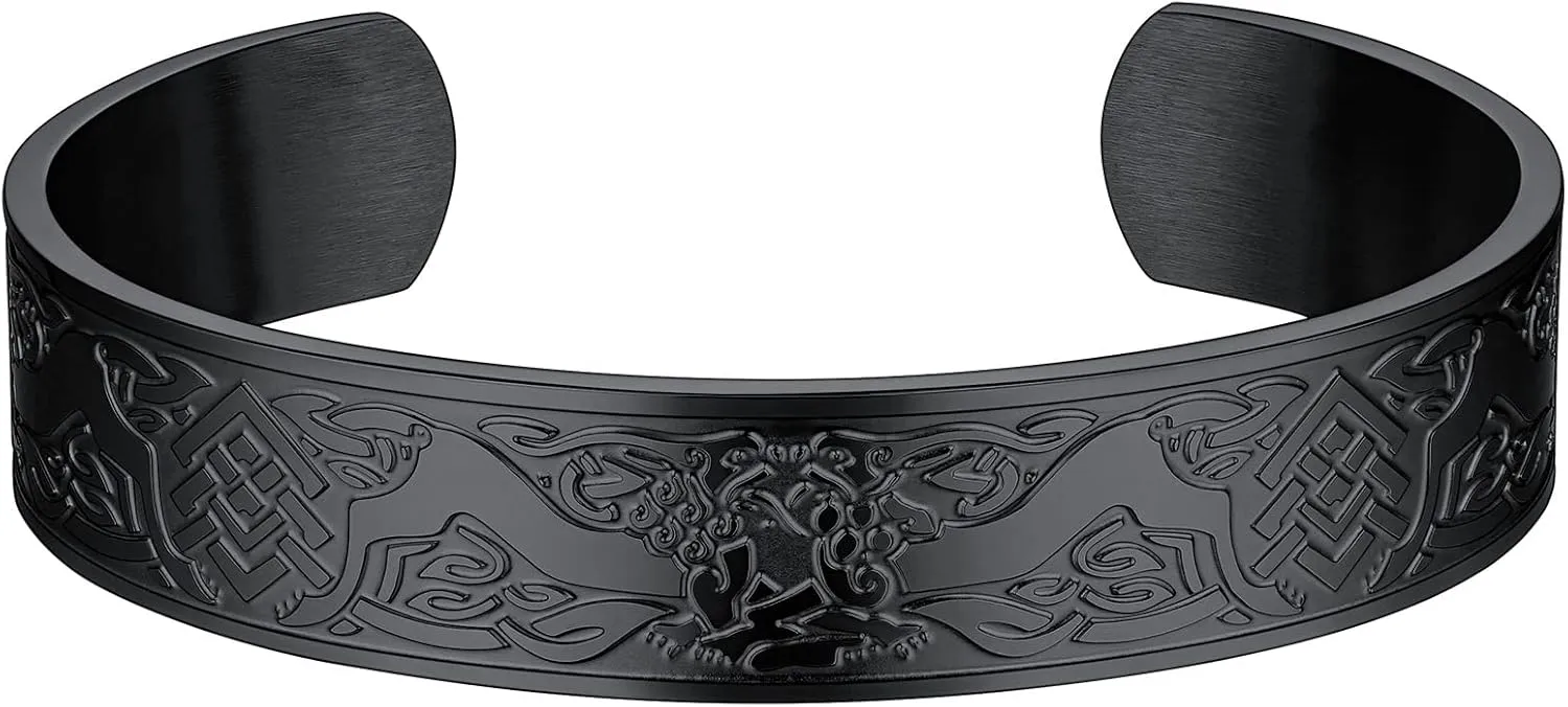 FaithHeart Viking Cuff Bracelet for Men Women, Stainless Steel Rune/Thor's Hammer/Wolf/Celtic Knot Bangles Personalized Customizable