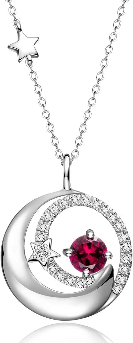 FANCIME Birthstone Necklaces 925 Sterling Silver Moon and Star Pendant Fine Jewelry Birthday Christmas Gifts for Mom Wife Her Daughter, Adjustable Chain 16 2"