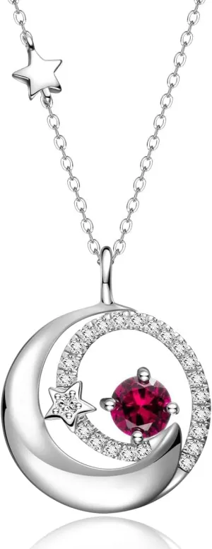 FANCIME Birthstone Necklaces 925 Sterling Silver Moon and Star Pendant Fine Jewelry Birthday Christmas Gifts for Mom Wife Her Daughter, Adjustable Chain 16 2"