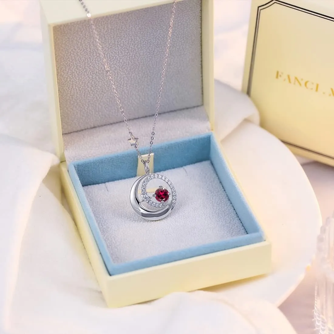 FANCIME Birthstone Necklaces 925 Sterling Silver Moon and Star Pendant Fine Jewelry Birthday Christmas Gifts for Mom Wife Her Daughter, Adjustable Chain 16 2"