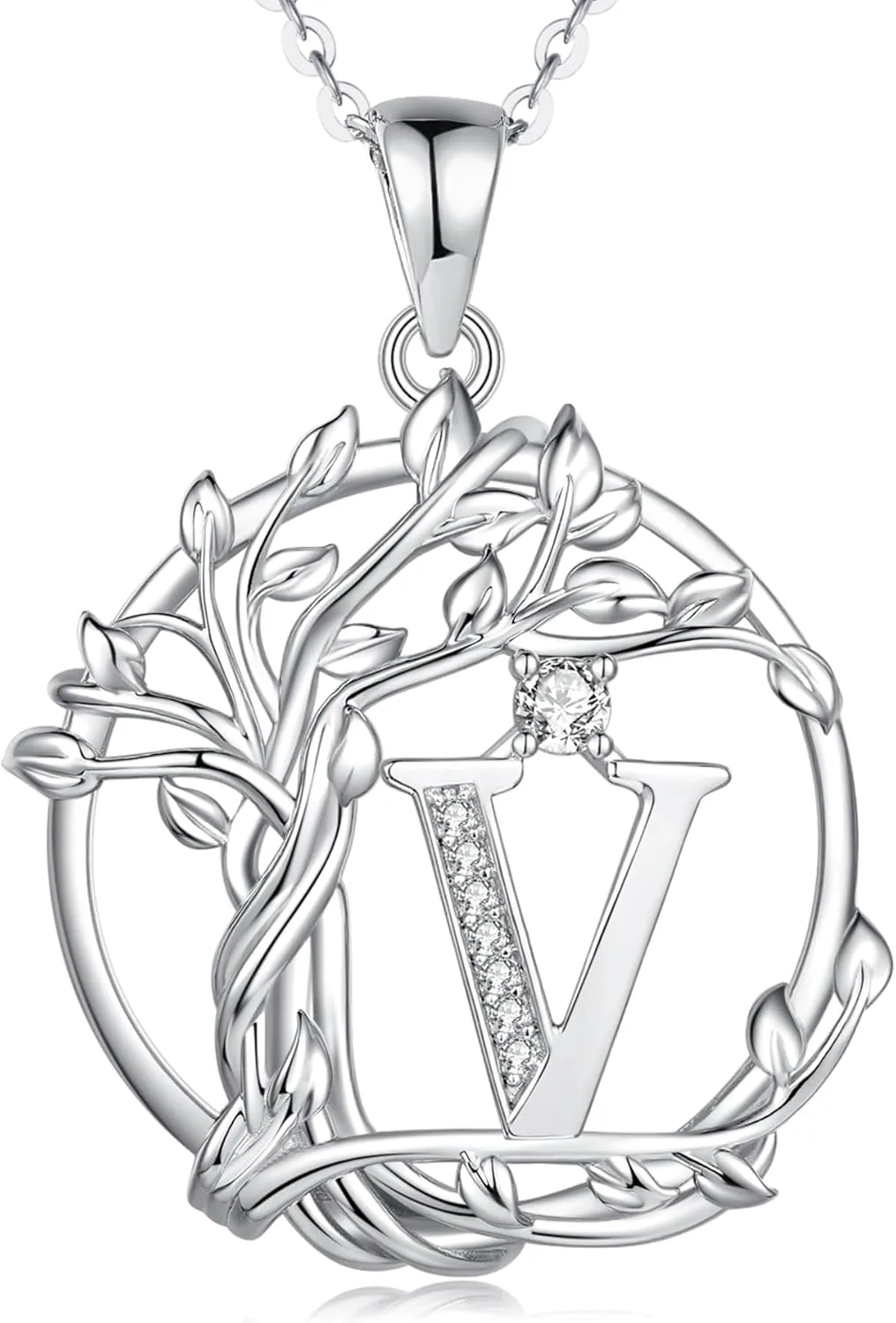 FANCIME Tree of life Initial necklaces for women, Sterling Silver Tree Jewelry Simulated Diamond Letter Pendant Cubic Zirconia CZ Personalized Birthday Mothers Day Gifts for Mom Wife Her