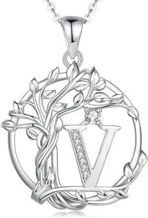 FANCIME Tree of life Initial necklaces for women, Sterling Silver Tree Jewelry Simulated Diamond Letter Pendant Cubic Zirconia CZ Personalized Birthday Mothers Day Gifts for Mom Wife Her
