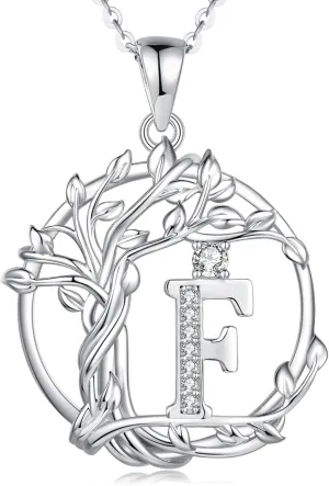 FANCIME Tree of life Initial necklaces for women, Sterling Silver Tree Jewelry Simulated Diamond Letter Pendant Cubic Zirconia CZ Personalized Birthday Mothers Day Gifts for Mom Wife Her