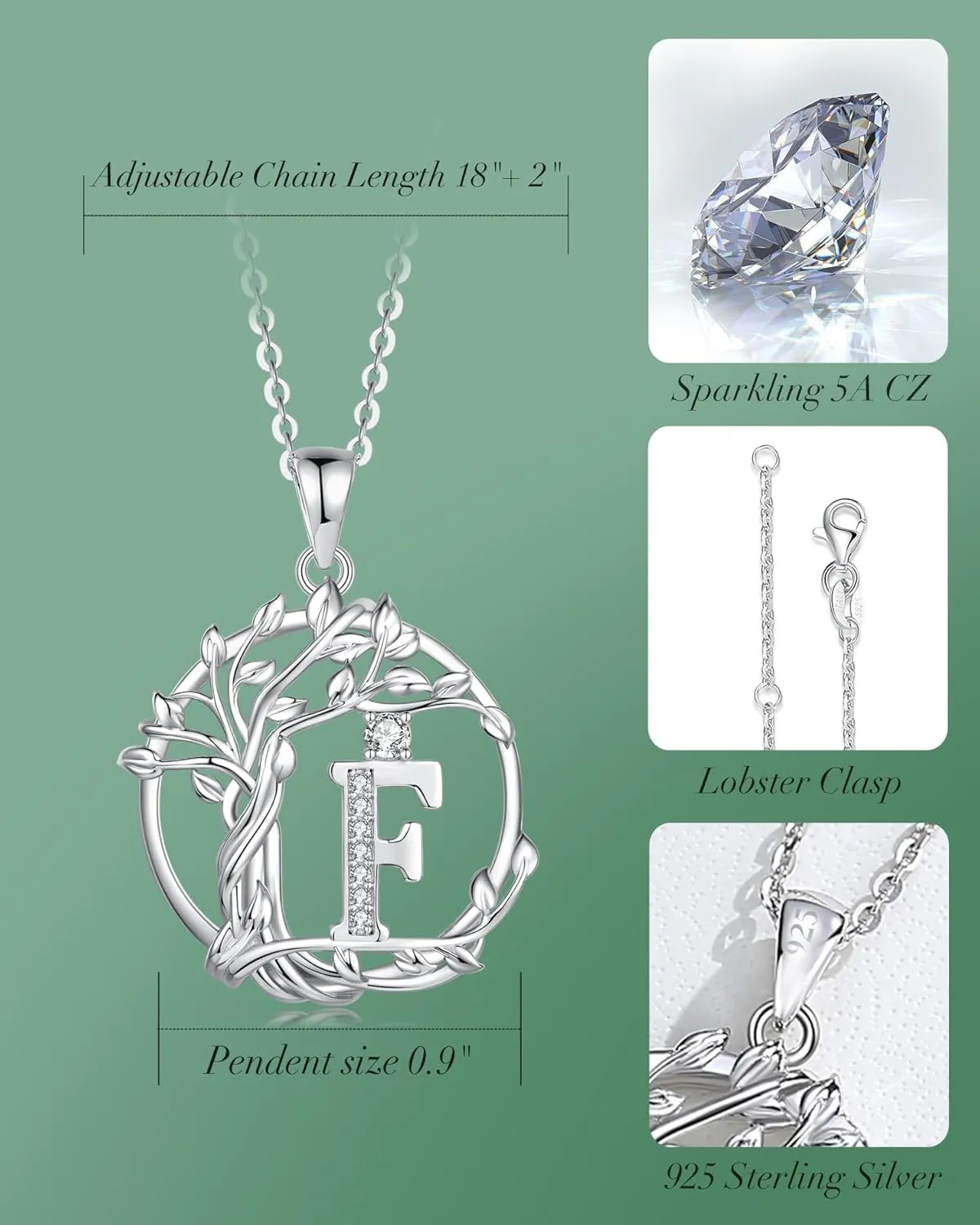 FANCIME Tree of life Initial necklaces for women, Sterling Silver Tree Jewelry Simulated Diamond Letter Pendant Cubic Zirconia CZ Personalized Birthday Mothers Day Gifts for Mom Wife Her