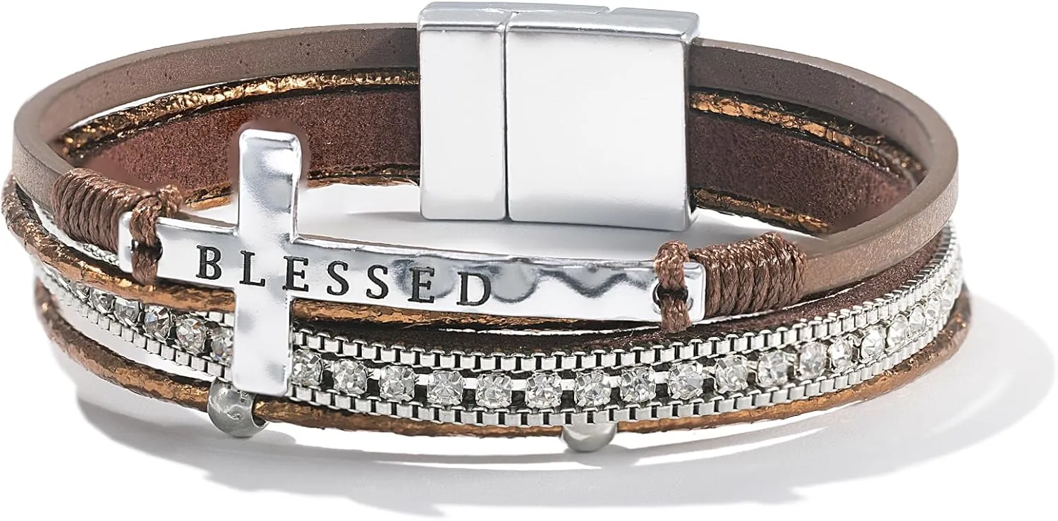FANCY SHINY Cross Leather Bracelets Christian Jewelry Religious Gifts for Women Boho Wrap Cuff Bangle Bracelets with Magnetic Clasp