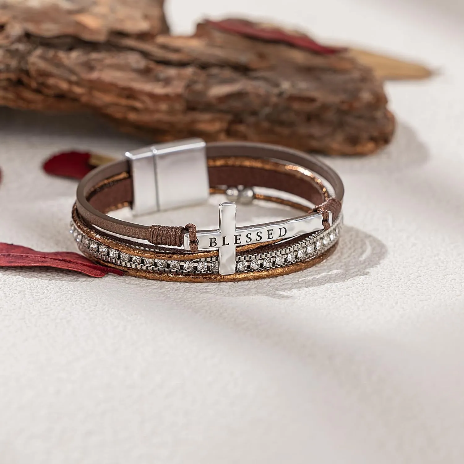 FANCY SHINY Cross Leather Bracelets Christian Jewelry Religious Gifts for Women Boho Wrap Cuff Bangle Bracelets with Magnetic Clasp