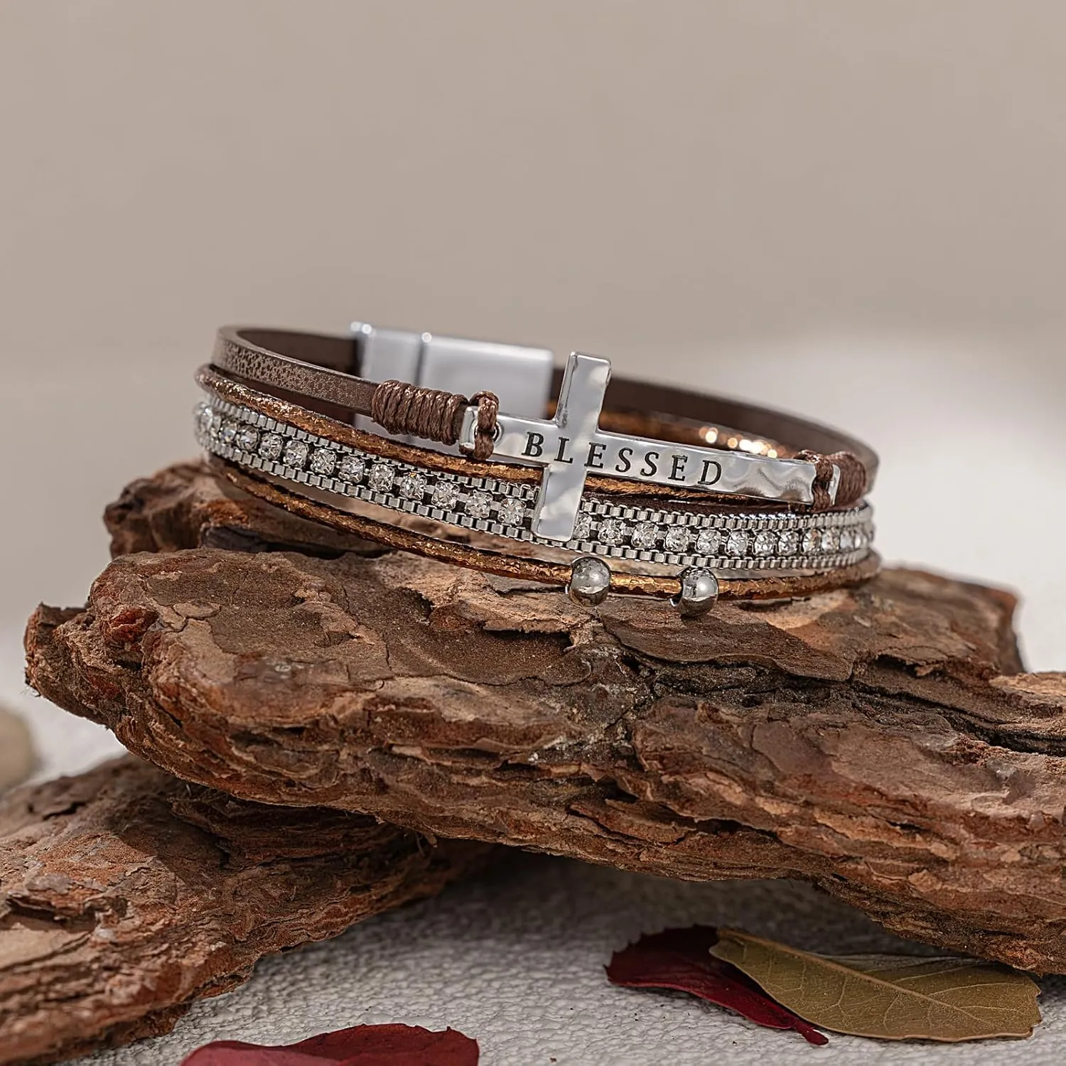 FANCY SHINY Cross Leather Bracelets Christian Jewelry Religious Gifts for Women Boho Wrap Cuff Bangle Bracelets with Magnetic Clasp