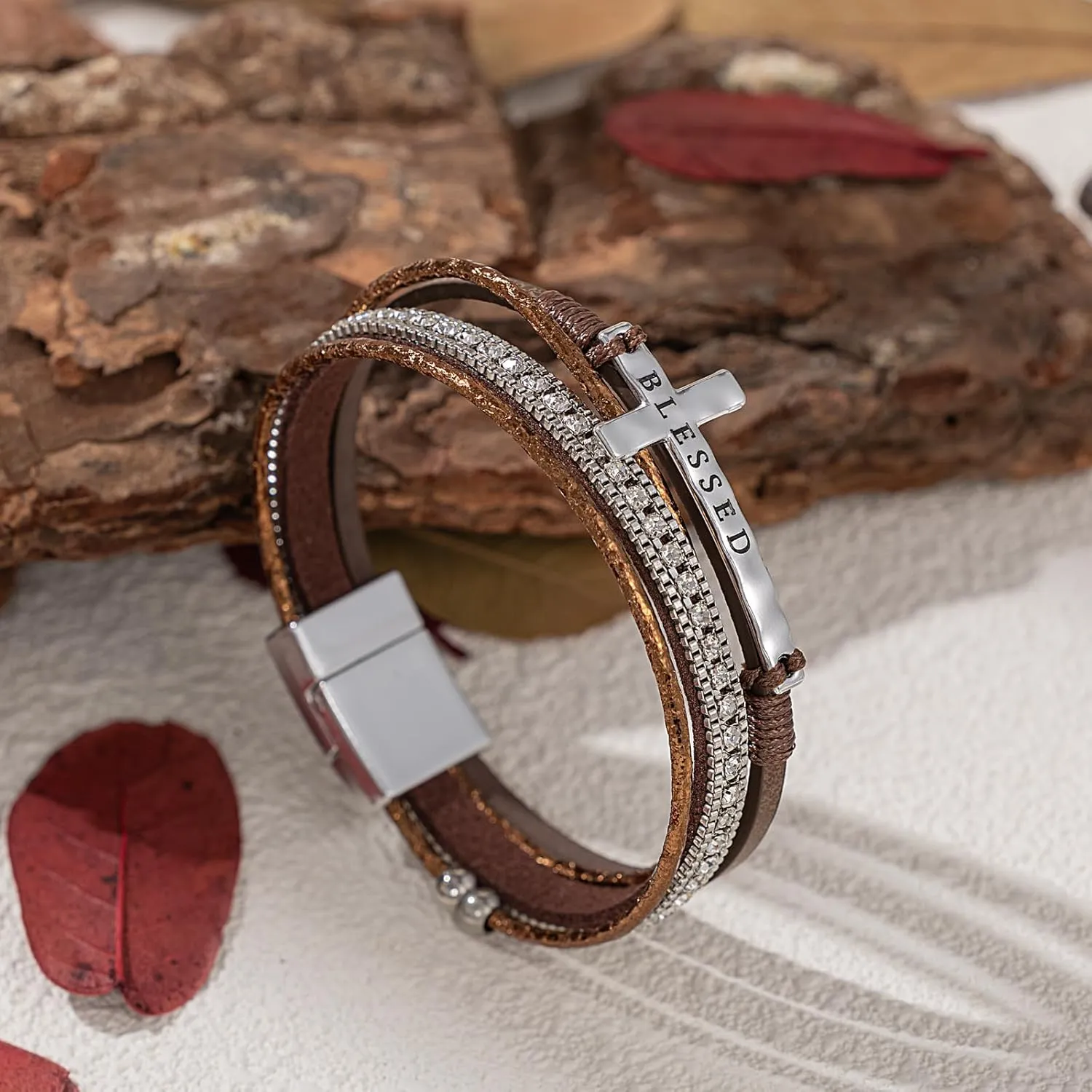 FANCY SHINY Cross Leather Bracelets Christian Jewelry Religious Gifts for Women Boho Wrap Cuff Bangle Bracelets with Magnetic Clasp