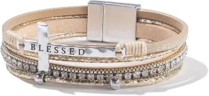 FANCY SHINY Cross Leather Bracelets Christian Jewelry Religious Gifts for Women Boho Wrap Cuff Bangle Bracelets with Magnetic Clasp
