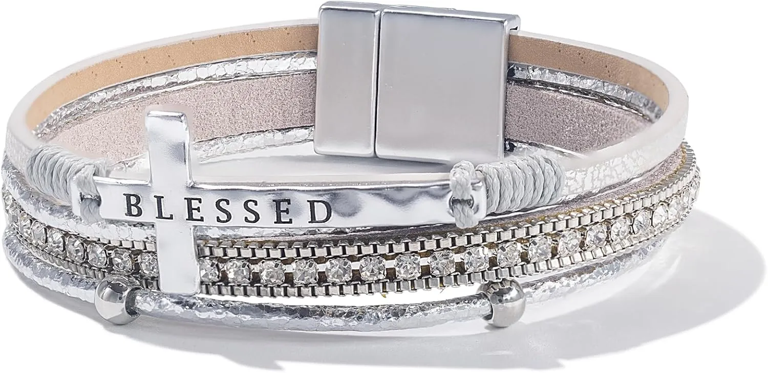 FANCY SHINY Cross Leather Bracelets Christian Jewelry Religious Gifts for Women Boho Wrap Cuff Bangle Bracelets with Magnetic Clasp
