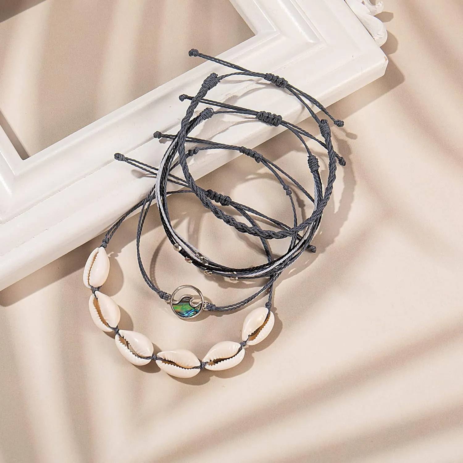 FANCY SHINY Wave String Bracelets Braid Puka Shell Bead Bracelets Handmade Cute Trendy Boho Easter Jewelry Gifts for Women