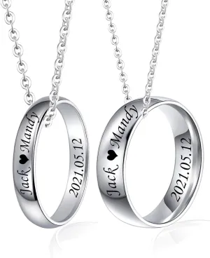Fanery Sue Personalized Couples Band Rings Pendant Necklaces Set, Custom Engraved Name Date Promise Ring Wedding Band Eternity Ring for Men and Women,1.6''/2.4''