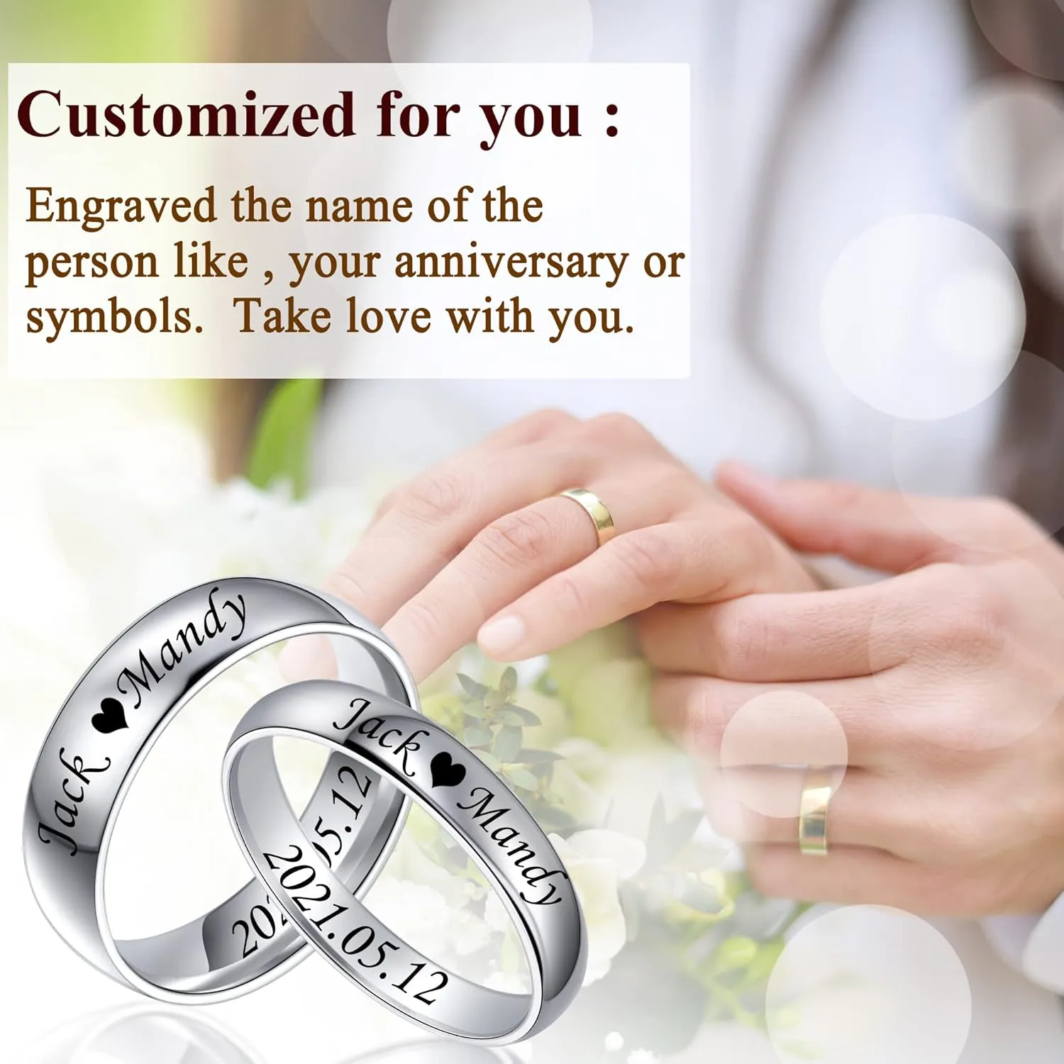 Fanery Sue Personalized Couples Band Rings Pendant Necklaces Set, Custom Engraved Name Date Promise Ring Wedding Band Eternity Ring for Men and Women,1.6''/2.4''