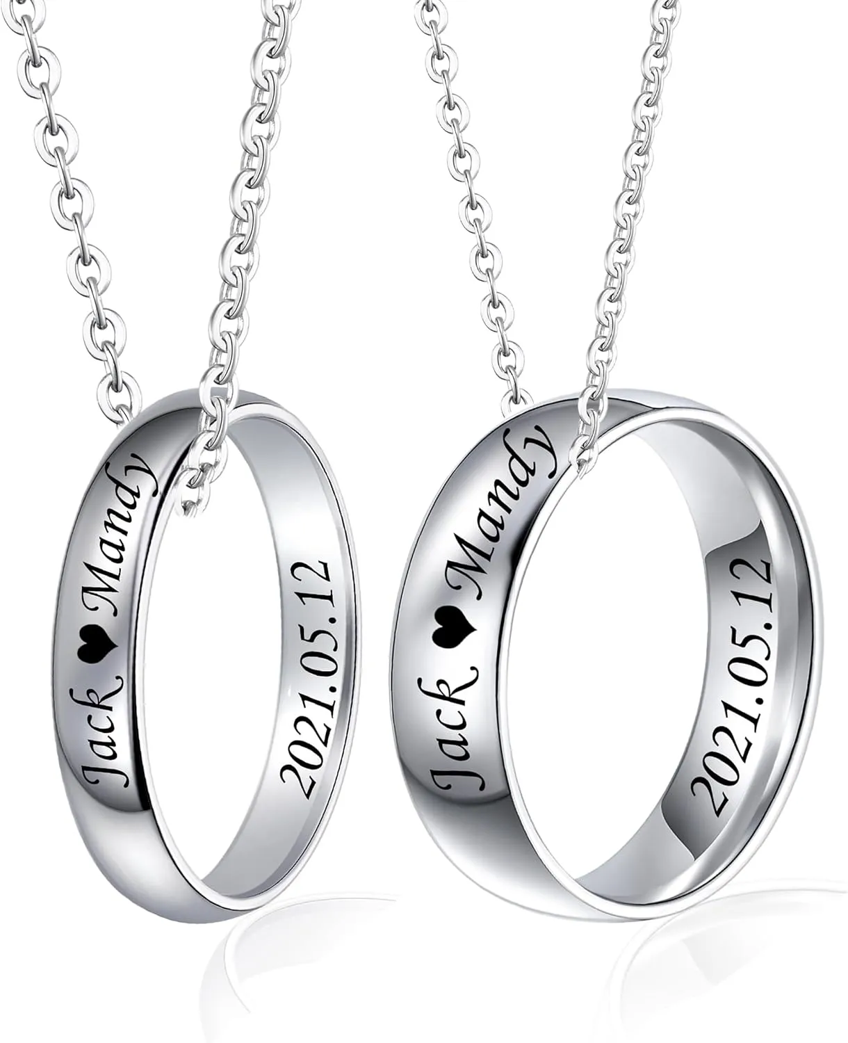 Fanery Sue Personalized Couples Band Rings Pendant Necklaces Set, Custom Engraved Name Date Promise Ring Wedding Band Eternity Ring for Men and Women,1.6''/2.4''
