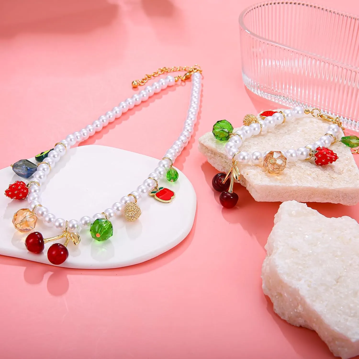 Faux Pearl Necklace and Bracelet Set with Multiple Charms - Starfish, Seashell, Coral, Cherry, Strawberry and Camellia Costume Jewelry Set