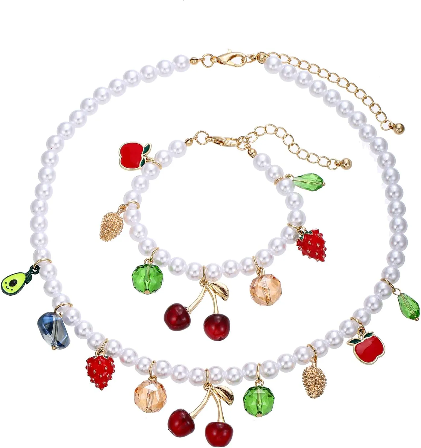 Faux Pearl Necklace and Bracelet Set with Multiple Charms - Starfish, Seashell, Coral, Cherry, Strawberry and Camellia Costume Jewelry Set