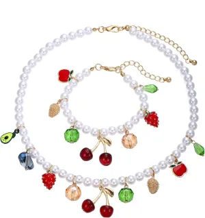 Faux Pearl Necklace and Bracelet Set with Multiple Charms - Starfish, Seashell, Coral, Cherry, Strawberry and Camellia Costume Jewelry Set