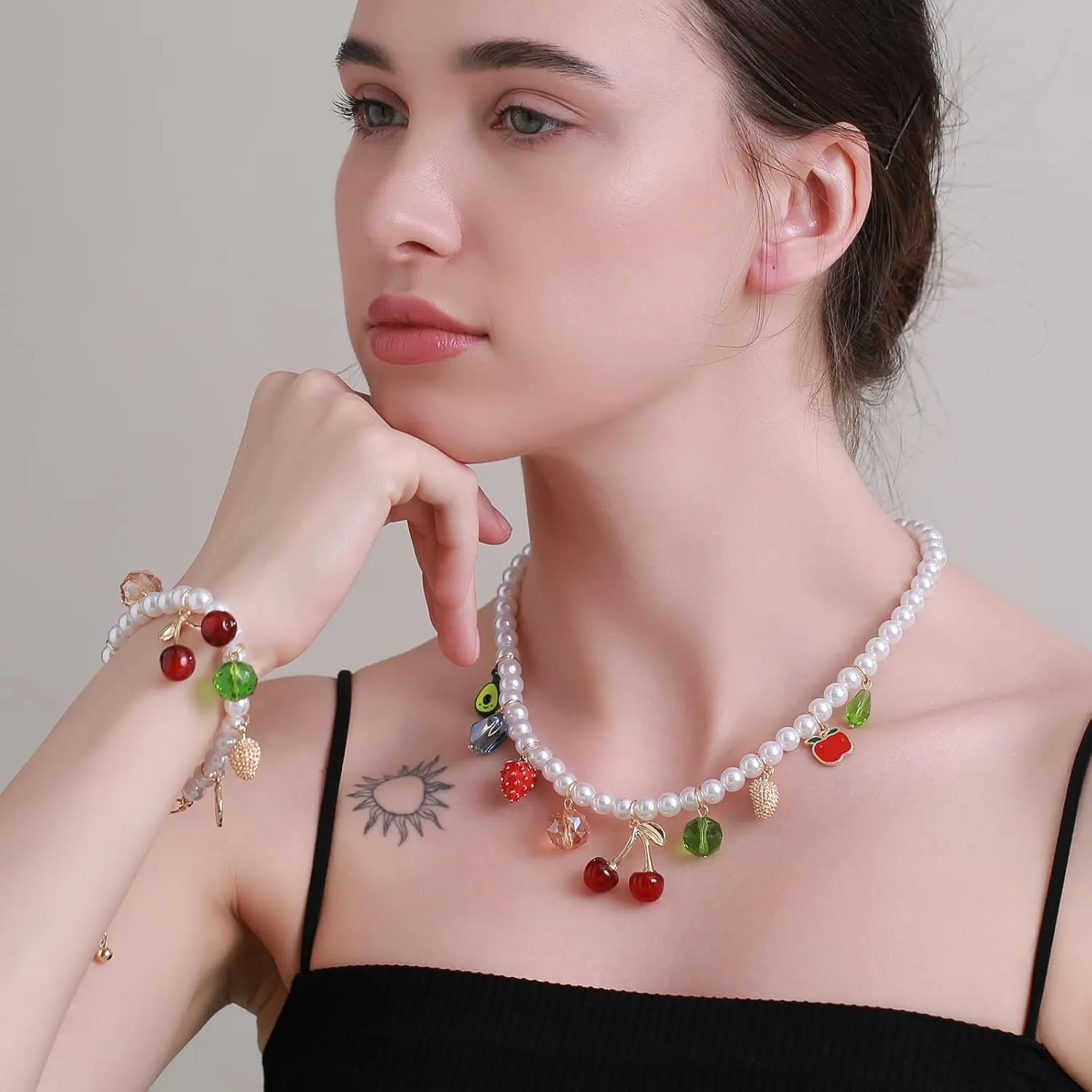 Faux Pearl Necklace and Bracelet Set with Multiple Charms - Starfish, Seashell, Coral, Cherry, Strawberry and Camellia Costume Jewelry Set