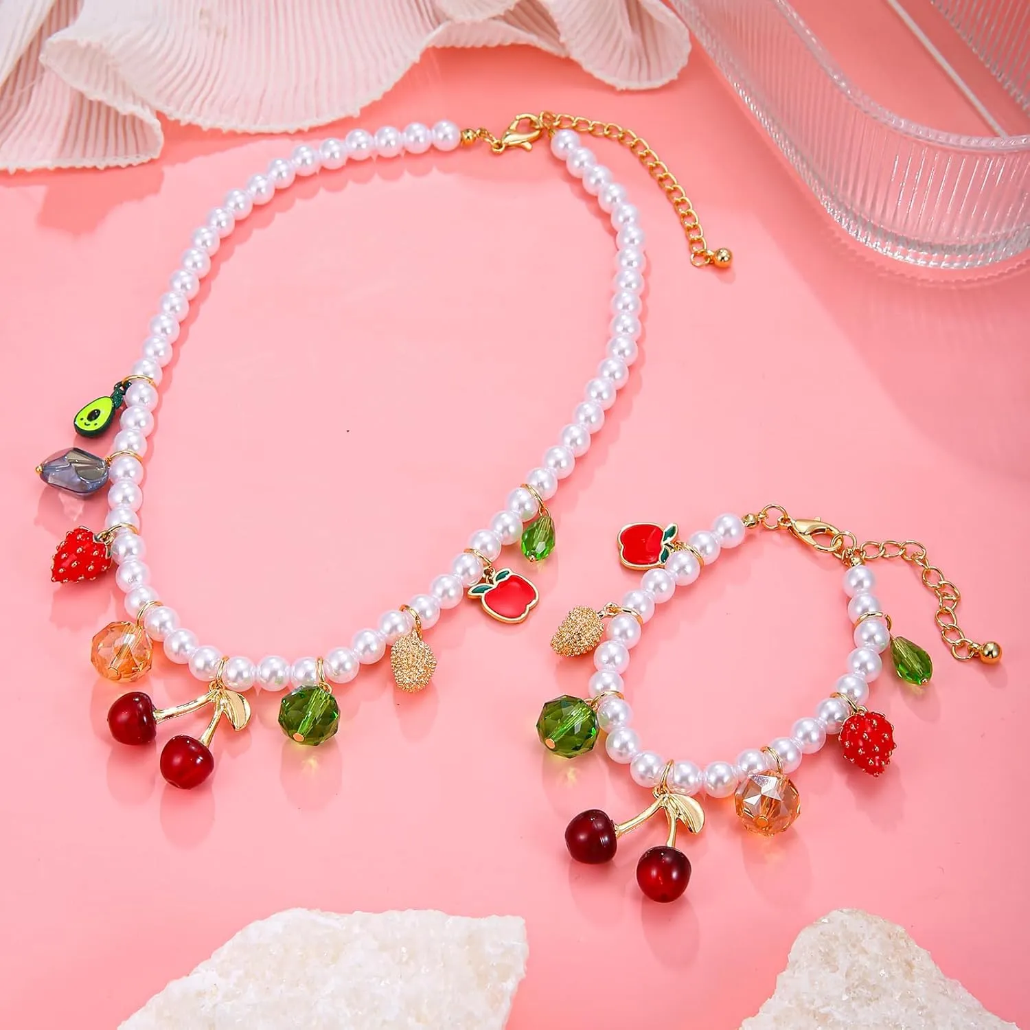 Faux Pearl Necklace and Bracelet Set with Multiple Charms - Starfish, Seashell, Coral, Cherry, Strawberry and Camellia Costume Jewelry Set