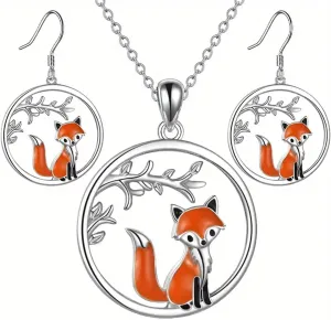 Fox Pendant Necklace and Earrings Set, Silver Tone with Orange Enamel, 18 Inches